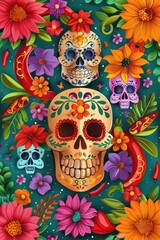 A colorful and vibrant floral design with two skulls in the center. The skulls are decorated with flowers and leaves, and the overall mood of the image is festive and celebratory