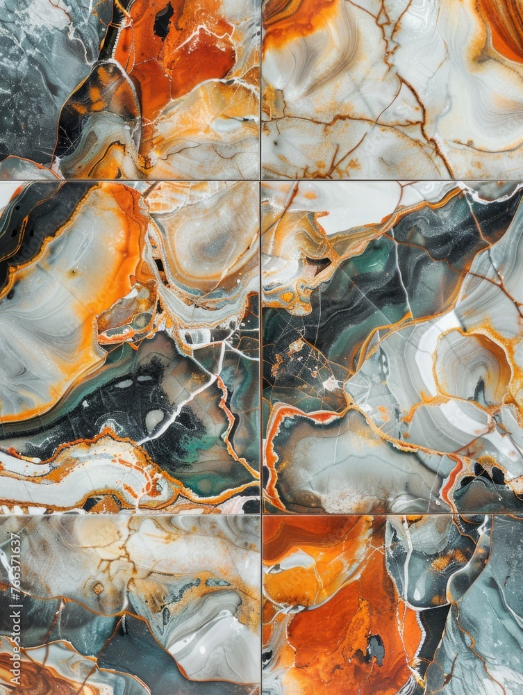 Poster a mosaic tile pattern with a mix of colors, including orange, green, and blue. the tiles are arrange