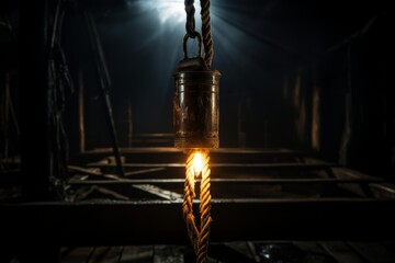 A rope tied to a high beam in a dimly lit room, awaiting its use in a tragic act of self-harm