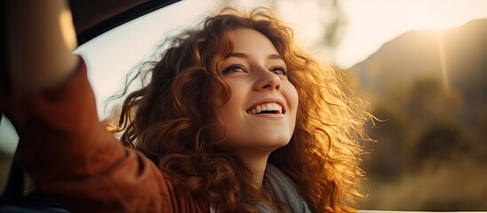 The woman is sitting in the car with a smile on her face, her arm out the window enjoying the fun and happy event. Her jaw drops as she feels the fur of the wind during the travel - obrazy, fototapety, plakaty