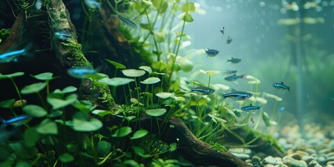 Fototapeta na wymiar A group of fish swimming in a tank with green plants. The fish are small and blue. The tank is filled with rocks and plants, creating a natural environment for the fish