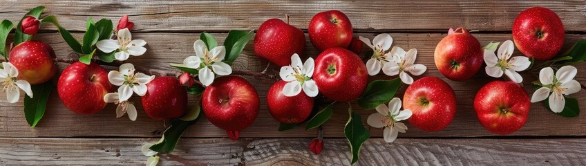 Ripe red apples and apple blossoms over a wooden backdrop