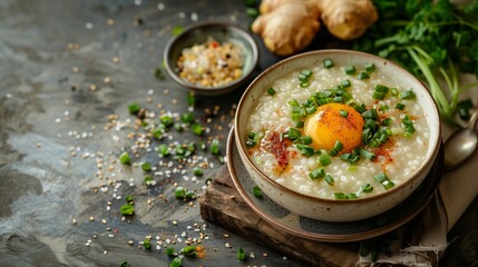 Savory Asian-style rice porridge congee with a soft-boiled egg, green onions, and spices, served in a ceramic bowl, ideal for breakfast or a comfort food concept
