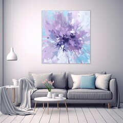 Splashes of bright paint on the canvas. lilac, azure and white colors. Interior painting