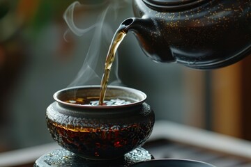 A teapot is pouring tea into a cup. The steam from the tea is rising and filling the air. The scene is calm and peaceful, with the focus on the simple act of pouring tea