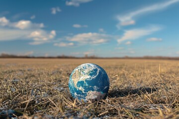 Earth Day - Environment - globe on a field with dry grass and blurred background. With space for text
