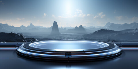 Futuristic metal platform between mountains and clouds.