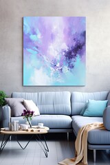 Splashes of bright paint on the canvas. lilac, azure and white colors. Interior painting