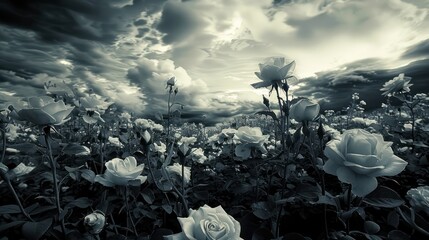 Black and white rose garden with surreal vibes