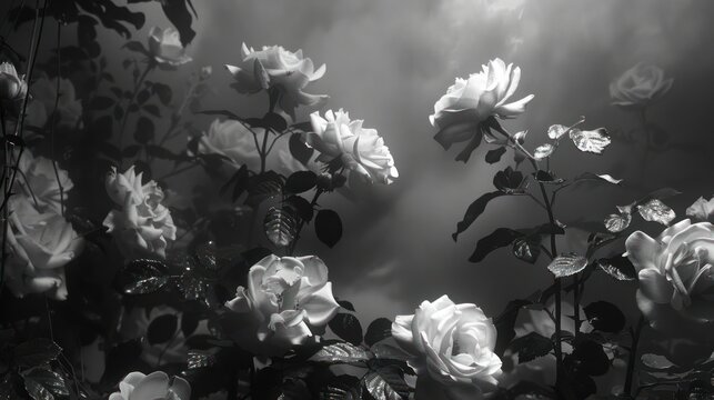 Black and white rose garden with surreal vibes