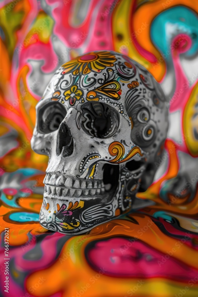 Poster a skull with a colorful design on it is sitting on a colorful background. the skull is surrounded by