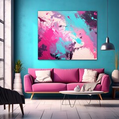 Splashes of bright paint on the canvas. magenta, teal and white colors. Interior painting