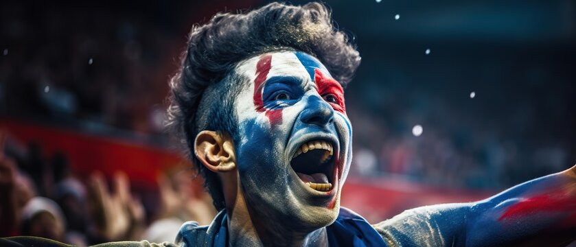 Excited french fan with face paint cheering at stadium, copy space
