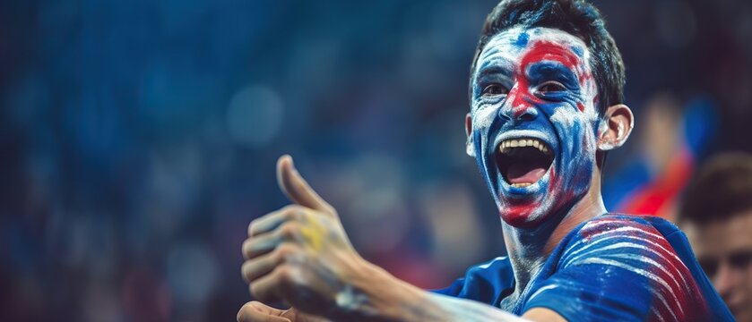 Excited french fan with face paint cheering at stadium, copy space