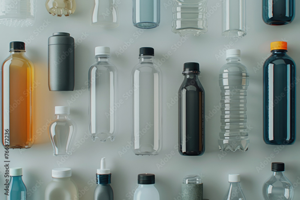 Poster a row of plastic bottles of various sizes and colors. the bottles are arranged in a way that they lo