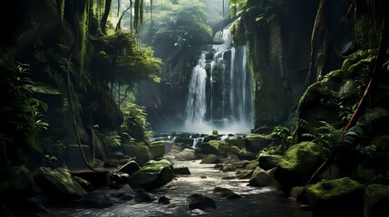 A hidden waterfall tucked away in the depths of the forest, surrounded by lush vegetation and...