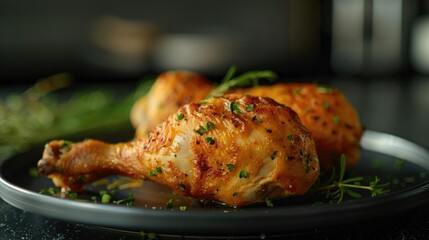 Three pieces of chicken are on a black plate with parsley. The chicken is cooked and has a crispy texture. The plate is set on a dark table, which gives the image a cozy and intimate feel