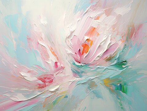 Splashes of bright paint on the canvas. mint, rose and white colors. Interior painting