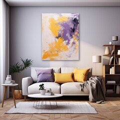Splashes of bright paint on the canvas. mustard, lilac and white colors. Interior painting
