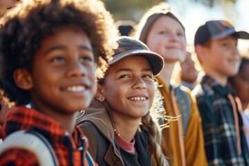 A group of children are smiling and looking at the camera. Scene is happy and friendly