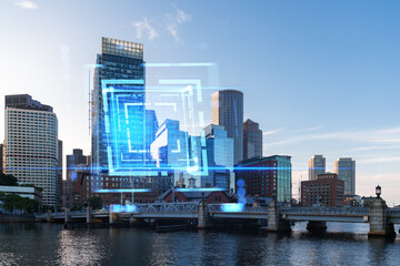Boston skyline with a digital holographic overlay, depicting technology and security concepts with buildings on the background. Double exposure
