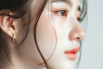 Close-Up Portrait of a Young Woman with Exquisite Features and a Serene Expression