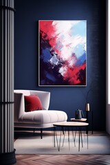 Splashes of bright paint on the canvas. navy blue, burgundy and white colors. Interior painting