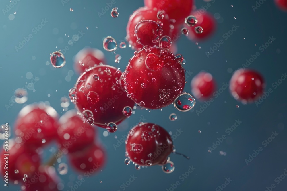 Poster a close up of red cherries with water droplets surrounding them. the cherries are floating in the ai