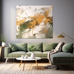 Splashes of bright paint on the canvas. olive, gold and white colors. Interior painting