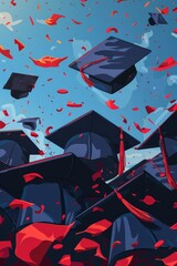 A painting of graduation caps and tassels flying in the air. Concept of celebration and accomplishment, as the caps and tassels represent the end of a chapter in a student's life