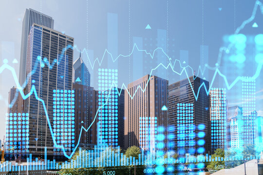 Chicago skyline with a superimposed financial hologram chart, photo illustration, daytime cityscape with statistical graphs, business and technology concept. Double exposure