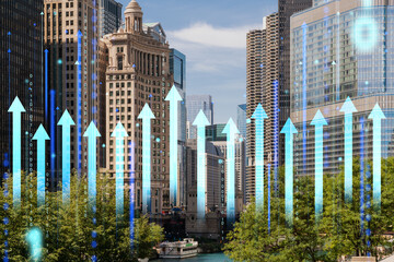 Chicago skyline with holographic digital arrows and binary code superimposed, representing a...
