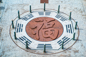 Aerial view of Chinese pagoda is a symbol of Buddhism in Chinese culture. Aerial Photography. Landscape.