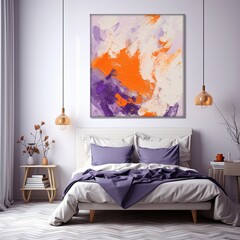 Splashes of bright paint on the canvas. orange, purple and white colors. Interior painting