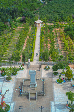 Aerial view of Chinese pagoda is a symbol of Buddhism in Chinese culture. Aerial Photography. Landscape.