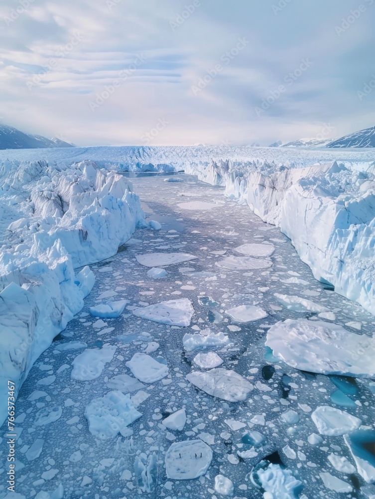 Poster a frozen river with ice chunks floating in it. the ice is so thick that it is almost impossible to s