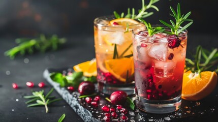 Refreshing Cranberry and Orange Cocktails Garnished With Rosemary