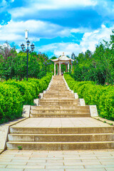Aerial view of Chinese pagoda is a symbol of Buddhism in Chinese culture. Aerial Photography. Landscape.