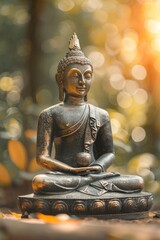 A statue of a Buddha sitting on a stone platform. The statue is surrounded by leaves and branches, giving it a peaceful and serene atmosphere