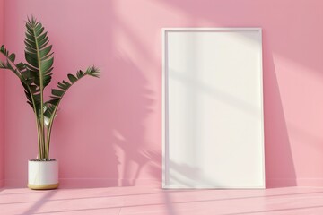 Print frame empty mockup on floor in living room interior in pink colors design with natural light. Pink decoration in female apartment in barbiecore design style or girl room. AI Generative content