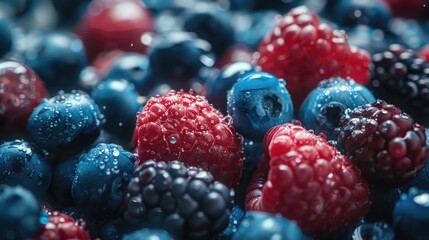 A close up of a bunch of raspberries and blueberries. The berries are wet and shiny, and the colors...