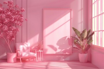 Print frame empty mockup on floor in living room interior in pink colors design with natural light. Pink decoration in female apartment in barbiecore design style or girl room. AI Generative content