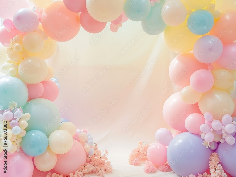 Poster a colorful archway made of balloons with a white background. the archway is made of many different c
