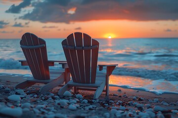 Beachfront Sunset View with Wooden Chairs