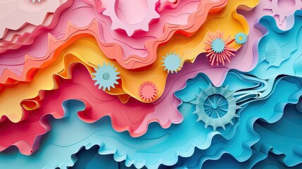 Vibrant Layered Shapes in Fluid Digital Kaleidoscopic Composition - obrazy, fototapety, plakaty
