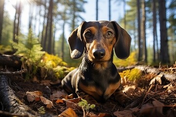 Beautiful brown dachshund dog in the park. The dog is resting. Walking with a dog in a city park, Generative AI.