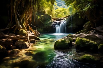 A hidden waterfall emerging from the heart of emerald mountains, glistening under the radiant sunlight