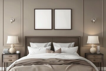 Fototapeta na wymiar Sample frame set against a comfortable taupe bedroom backdrop