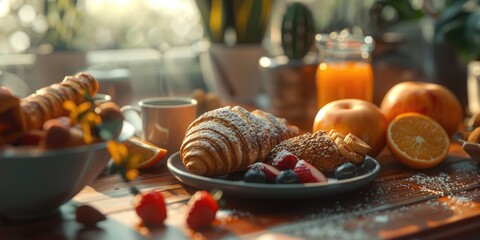 A plate of croissants and fruit is on a wooden table. The croissants are covered in powdered sugar and the fruit includes strawberries and oranges - obrazy, fototapety, plakaty