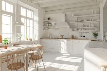 Scandinavian classic kitchen with wooden and white details, minimalistic interior design, 3d illustration